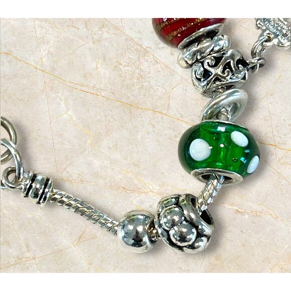 Silver-tone Christmas Charm Bracelet Holiday European Style Slider Glass Beads - Picture 9 of 11